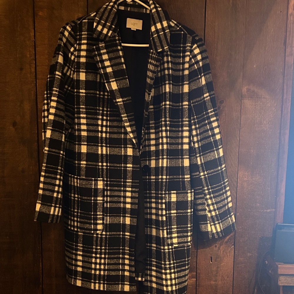 LOFT Black & White Plaid Pea Coat